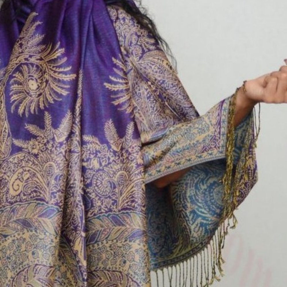 Luxe Double Layer Purple Paisley Pashmina Shawl Fringe Wrap Scarf 28" x 70"